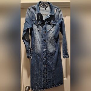 Long Denim Jacket with Distressed Details